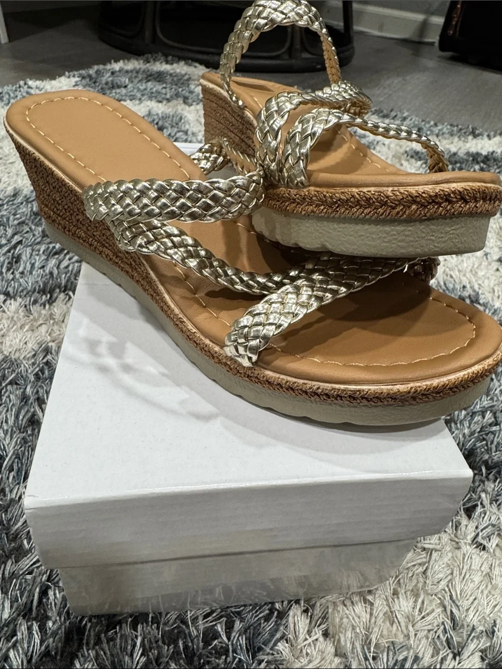 Woven Metallic Strappy Wedge Sandals